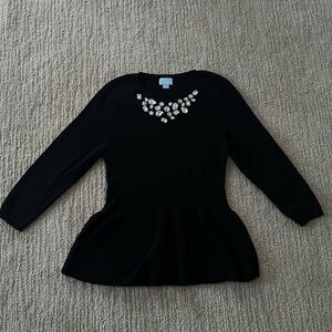 CeCe Black 3/4 Sleeve Gemmed Sweater Peplum Shirt